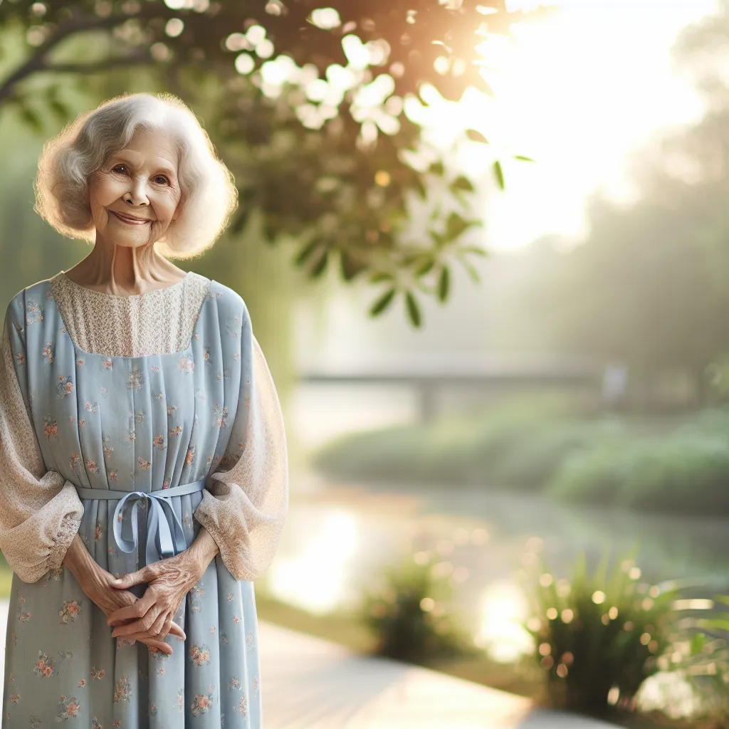 The image will be a depiction of Dorothy Olmstead, a wise and gentle old lady, standing outside in the morning light. She is wearing a light blue dress with small flowers, paired with white platform sandals. Dorothy looks content and at peace with a warm smile on her face, showcasing her acceptance and appreciation for life. The image captures the serenity and tranquility of the moment, emphasizing Dorothy's resilience and readiness to live, laugh, and cherish every moment.