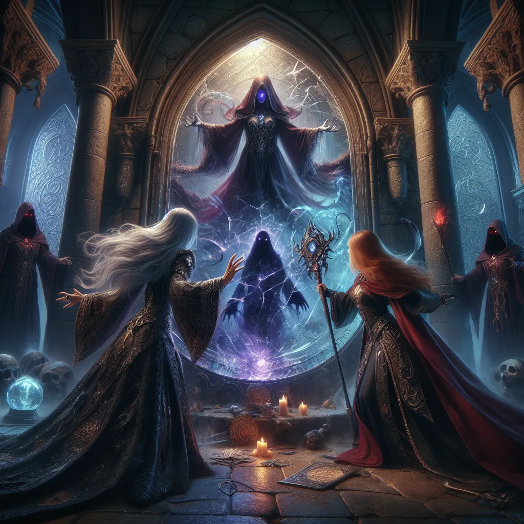 An intense scene unfolds within the mysterious Sanctum Academy as sorceress Magik confronts eerie shadows emerging from a shattered mirror, her secrets revealed to fellow sorceress Wanda as the supernatural darkness threatens their haven.