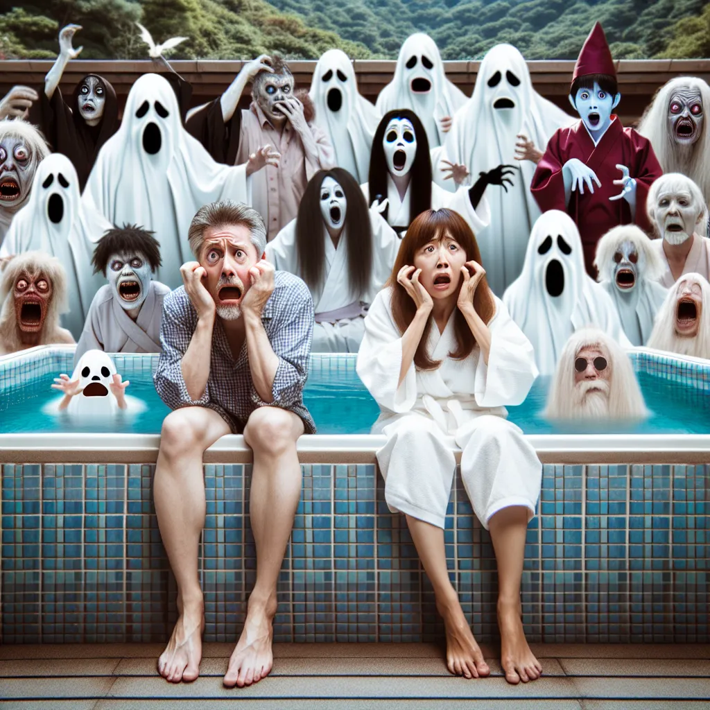 The image depicts a couple in a hot tub, surrounded by a variety of people possessed by spirits. The spirits have taken over the bodies of the couple's partner, appearing in different outfits and with different personalities. The couple looks frustrated and concerned, while the spirits display excitement and amusement.