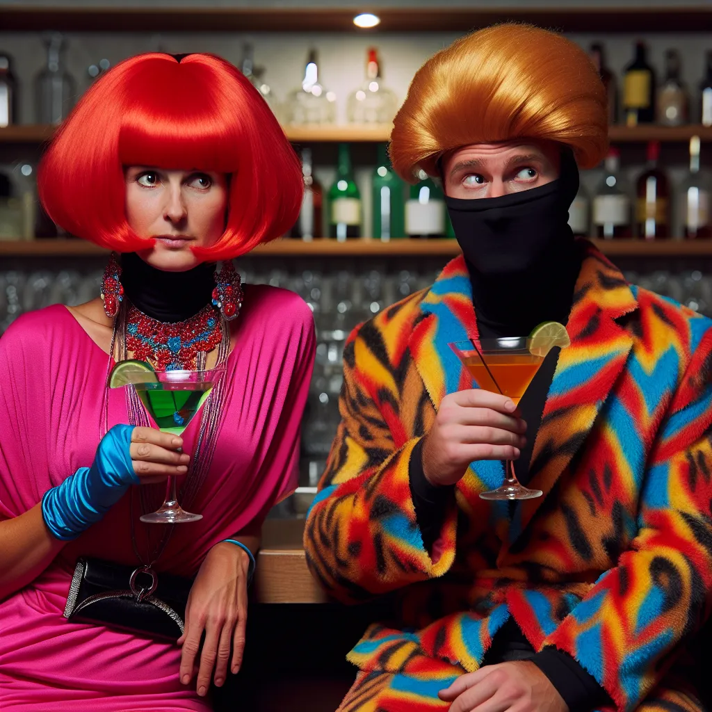 The image features two men dressed in elaborate undercover disguises as a married couple. One man is wearing a red wig, a dress, and padded breasts. They are sitting at a bar, sipping cocktails, while trying to discreetly spy on someone. The comedic tone is emphasized by their exaggerated expressions and the outlandishness of their costumes.