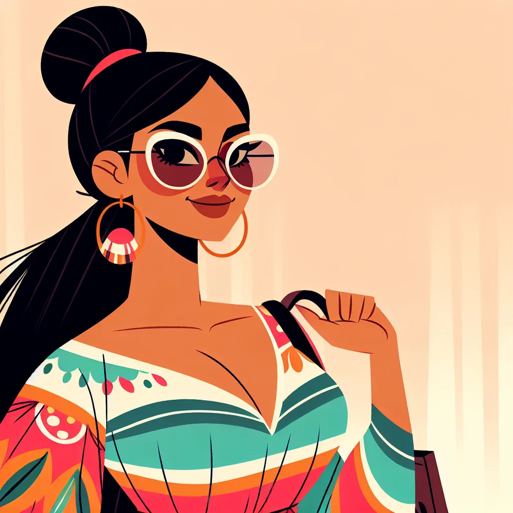 An image of a proud Mexican woman named Rosa Hernandez, wearing a colorful dress and oversized sunglasses, standing confidently with a purse over her shoulder. She has long black hair in a bun, and her eyes reflect warmth and wisdom.