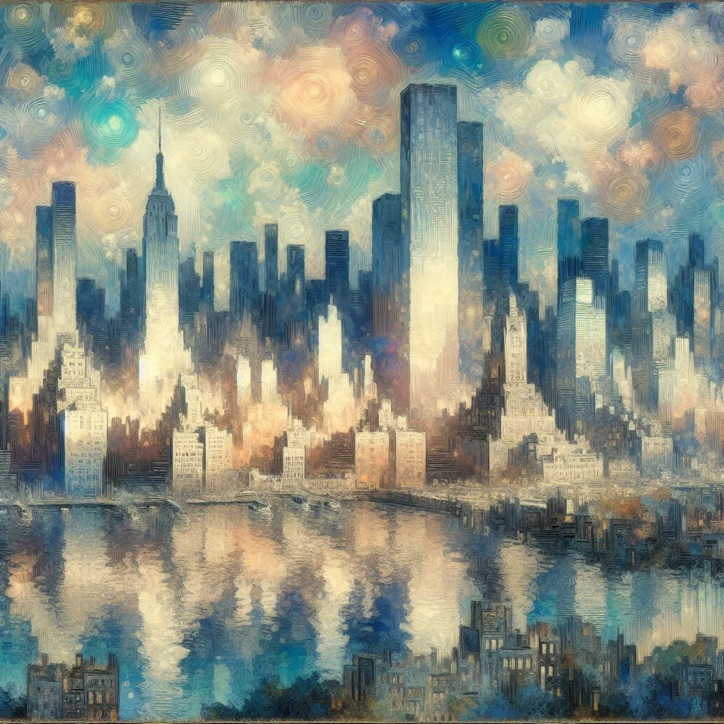 New York City, Skyscrapers, Connection, Battle, Superpowers in the style of Monet