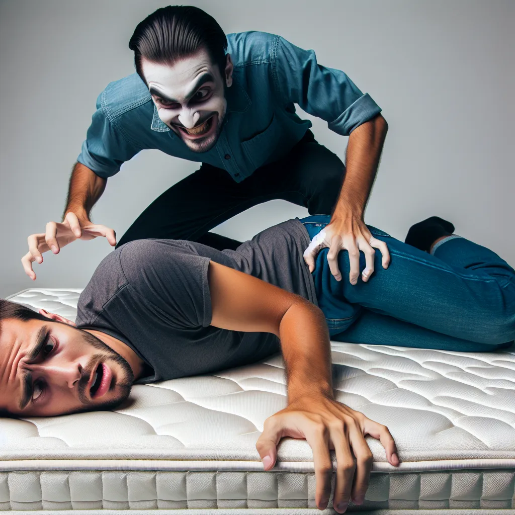A terrified man lies trapped on a latex mattress, his body fused to the surface, while his ominous cousin, almost naked, grins wickedly at him.