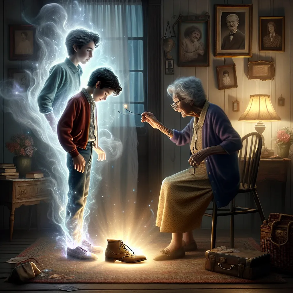 A transformation story about Ethan and his grandmother, Marilyn, and an unexpected exchange of bodies and memories after playing a magical game with shoes. Ethan, now inside Marilyn’s body, grapples with the changes while Marilyn navigates the mystery of Ethan’s disappearance. The image should capture the essence of a young boy's transformation into an older woman, emphasizing the poignant and magical elements of the tale.
