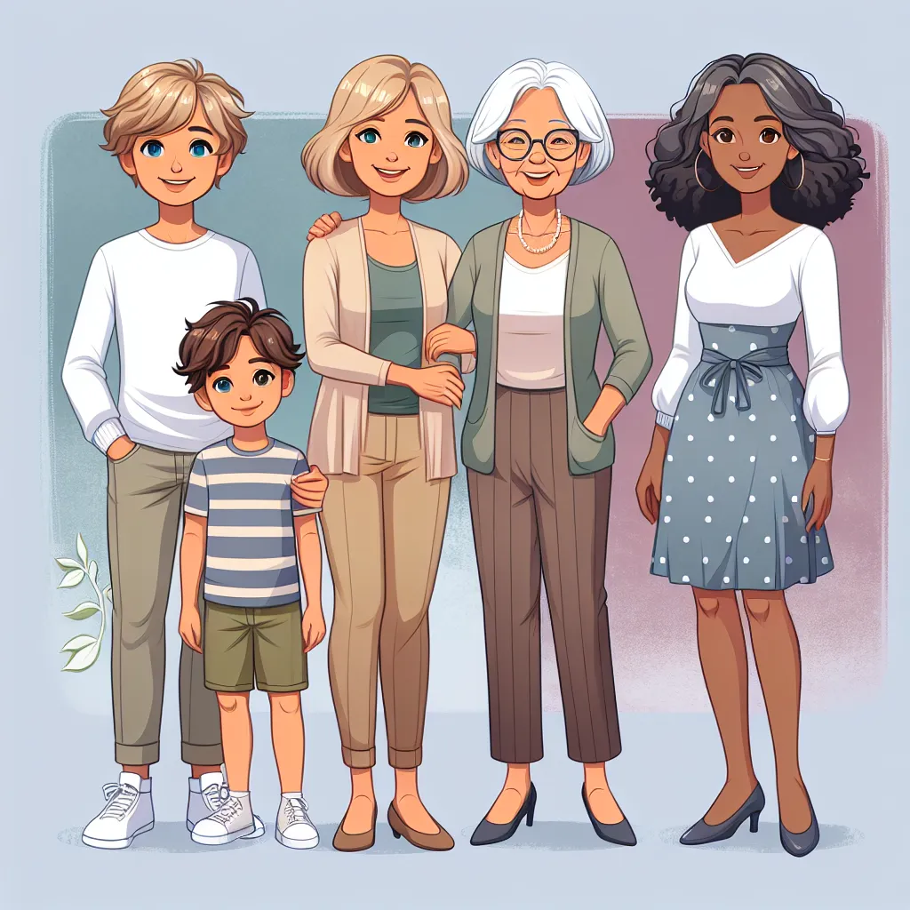 The image description for this story is a composite of Jacob, Emily, Mary, and Tamika. Jacob is an 8-year-old white boy with light brown slightly wavy hair, blue eyes, and a height of 4 feet 2 inches. Emily, his mother, is a 32-year-old white woman with blonde bobbed hair, green eyes, and a height of 5 feet 6 inches. Mary, Jacob's grandmother, is a 68-year-old woman with gray short curly hair, brown eyes, and a height of 5 feet 3 inches. Tamika is a 45-year-old African American woman with long s