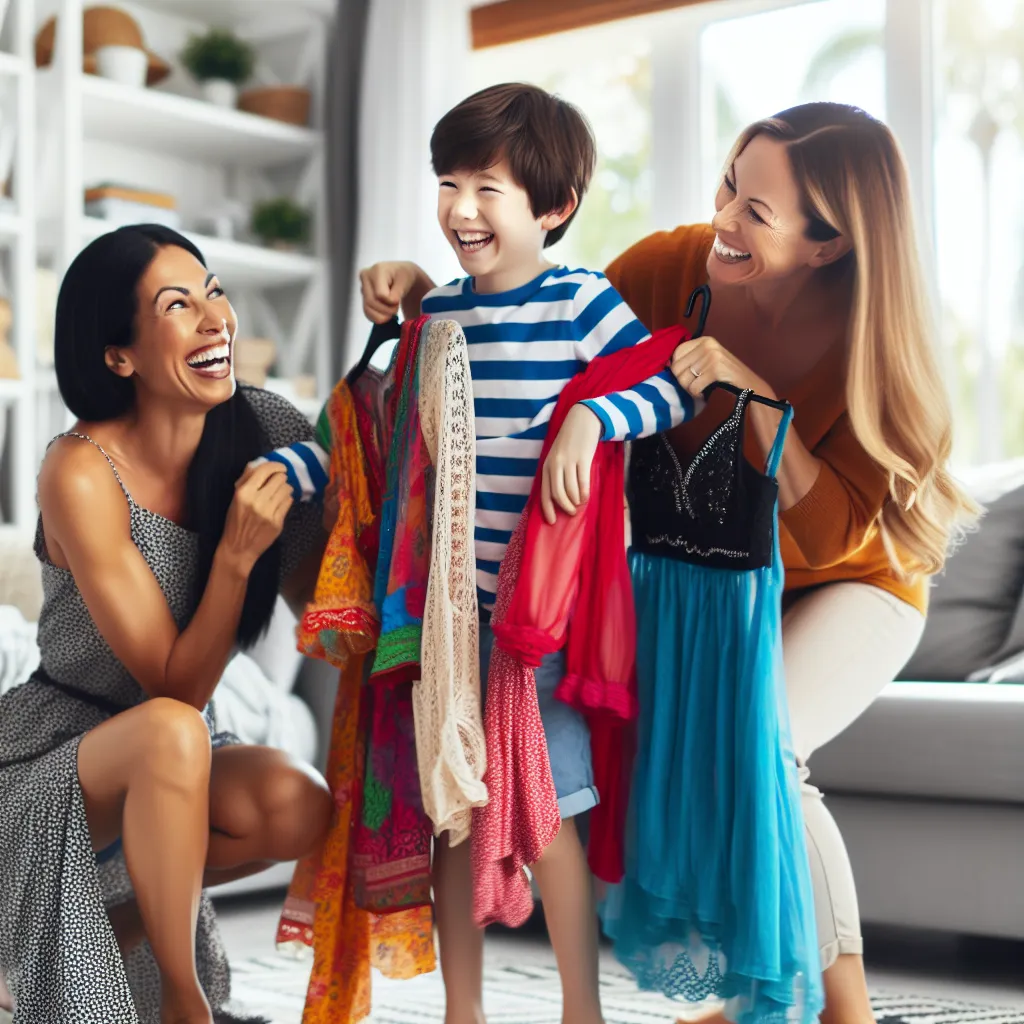 A mother enlists her son's help to try on clothes she bought for her daughter. The son reluctantly agrees and models the outfits, resulting in a humorous and memorable experience for the family.