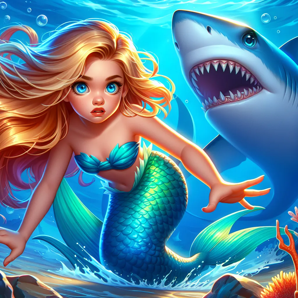 In the image, a young mermaid with flowing blonde hair and sparkling blue eyes struggles to free her tail from a rocky crevasse in the ocean depths, while a menacing white shark lurks nearby. Her determined expression and the vibrant colors of her tail convey a sense of bravery and vulnerability as she fights for her survival.