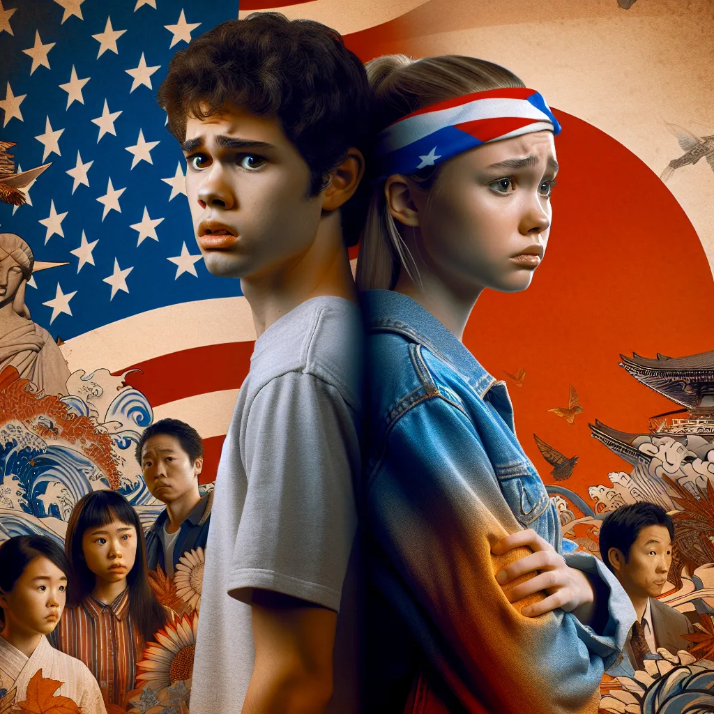 Description: An image featuring two teenagers, one American and one Japanese, standing back to back with contrasting expressions. The American teenager, Alex Harper, looks bewildered and disoriented, while the Japanese teenager, Rei Nakamura, appears determined and resilient. The background showcases elements of both American and Japanese culture, symbolizing the collision of their two worlds.