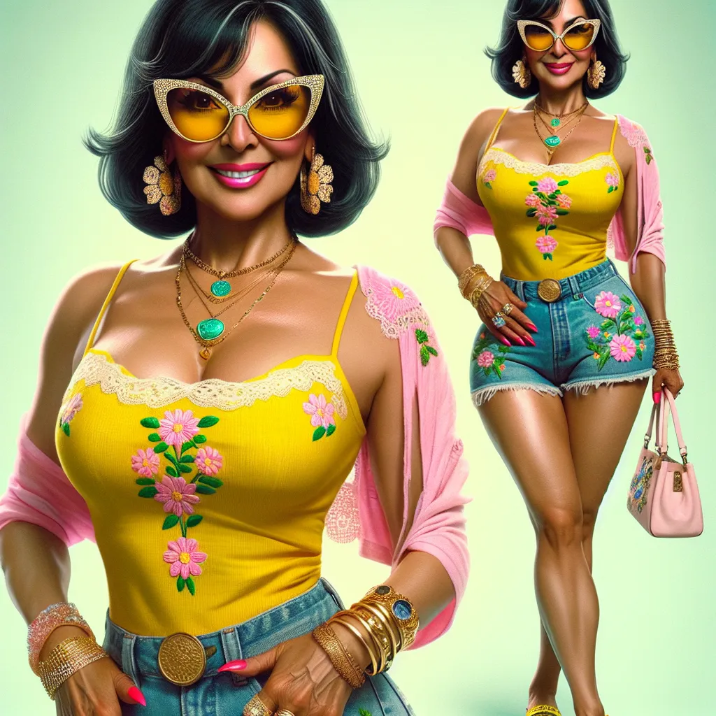 A colorful image featuring a 55-year-old Hispanic woman named Maria Sanchez. She is wearing a bright yellow tank top with pink and green flowers, faded denim shorts with embroidered daisies, and pink flip flops with glittery straps. Maria has shoulder-length black hair styled in a bun, and she is wearing large cat-eyed sunglasses with rhinestones. She is standing confidently with a purse over her shoulder, showcasing her gold jewelry, including hoop earrings, a necklace, a bangle, a bracelet wit