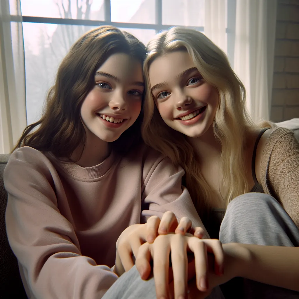 An image of 16-year-old Angel and Gwen sitting closely together on a sofa, their faces inches apart, sharing a tender and intimate kiss.