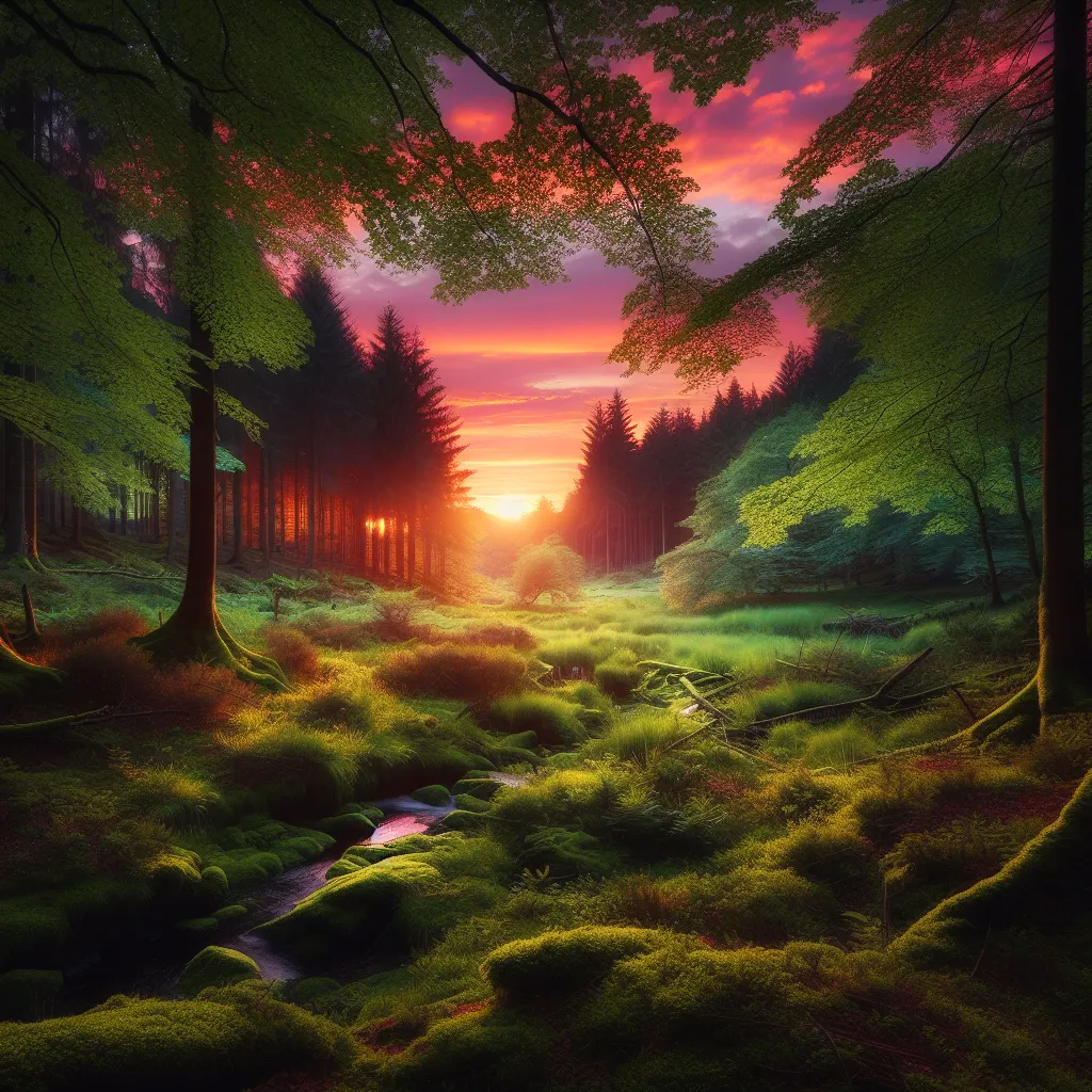 A serene sunset over a tranquil forest clearing, with vibrant hues of orange and pink painting the sky. The soft light filters through the lush canopy, casting a warm glow over the moss-covered ground. In the distance, a small stream glistens as it winds its way through the trees.