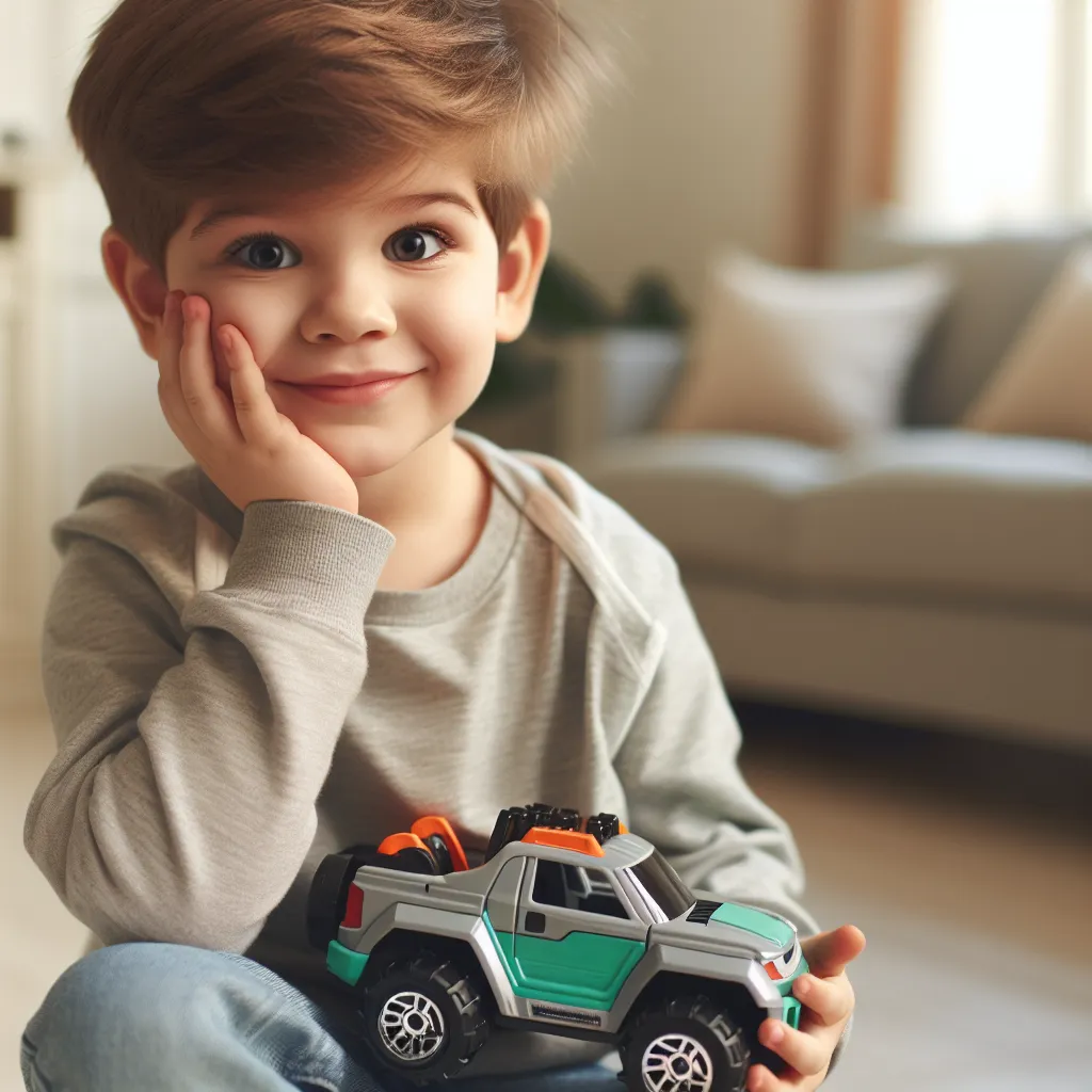 The image should depict a curious, energetic 5-year-old boy named Jack Stevens holding a small toy car.