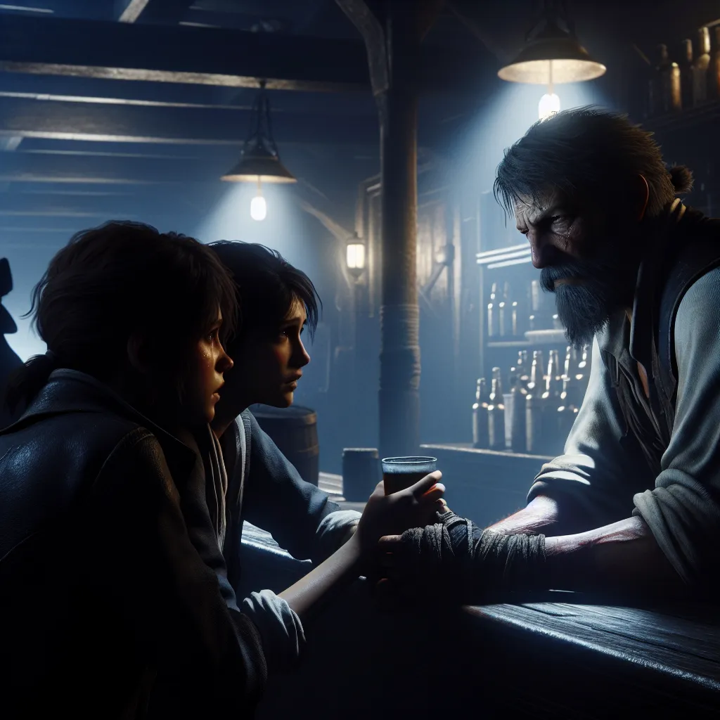 A tense scene unfolds in a dimly lit bar in Madripoor as two young women seek help from the enigmatic Wolverine, who begrudgingly agrees to protect them from their pursuers. The image captures the tension and shadows of the bar, highlighting the mysterious and dangerous atmosphere of the city.
