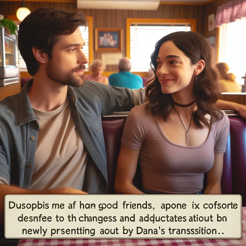 Two friends, one male and one female, sitting in a diner booth. The male friend is staring at the female friend, who is now presenting as a woman named Dana. They engage in a conversation about how things have changed since Dana's transition and how they are still adjusting to the new normal. The image should capture the friendly and comfortable dynamic between the two friends, with an emphasis on Dana's confidence and the sense of support and understanding between them.