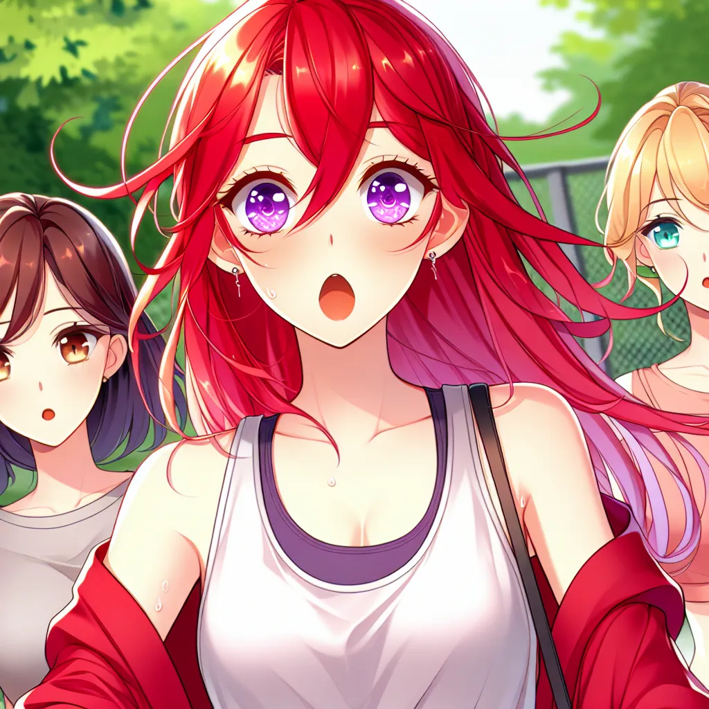 A red-haired, violet-eyed girl stares back in shock as she realizes her body has transformed into a curvaceous feminine form, while her friends, Sakura and Ino, seem completely unfazed.