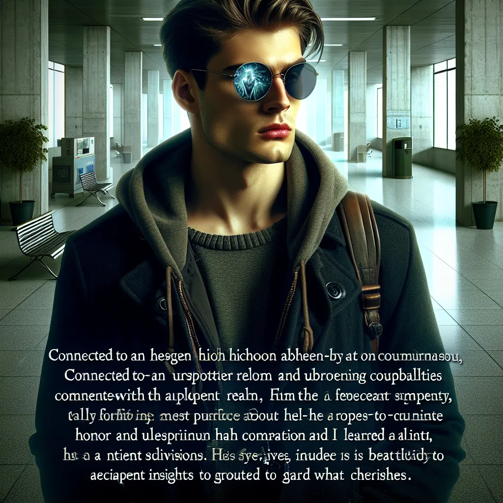A young man, Hayden, wearing enchanted sunglasses, stands confidently amidst a modern high school hallway. Suspicion and whispers follow him, but he remains steadfast and unyielding. His connection to an ancient world and a fateful encounter with soulmate Elijah Mikaelson set the stage for a story of honor, love, and supernatural abilities in the battle against a desperate group known as the Scooby Gang. Hayden's eyes, filled with wisdom and an air of mystery, reveal his true purpose as he embar