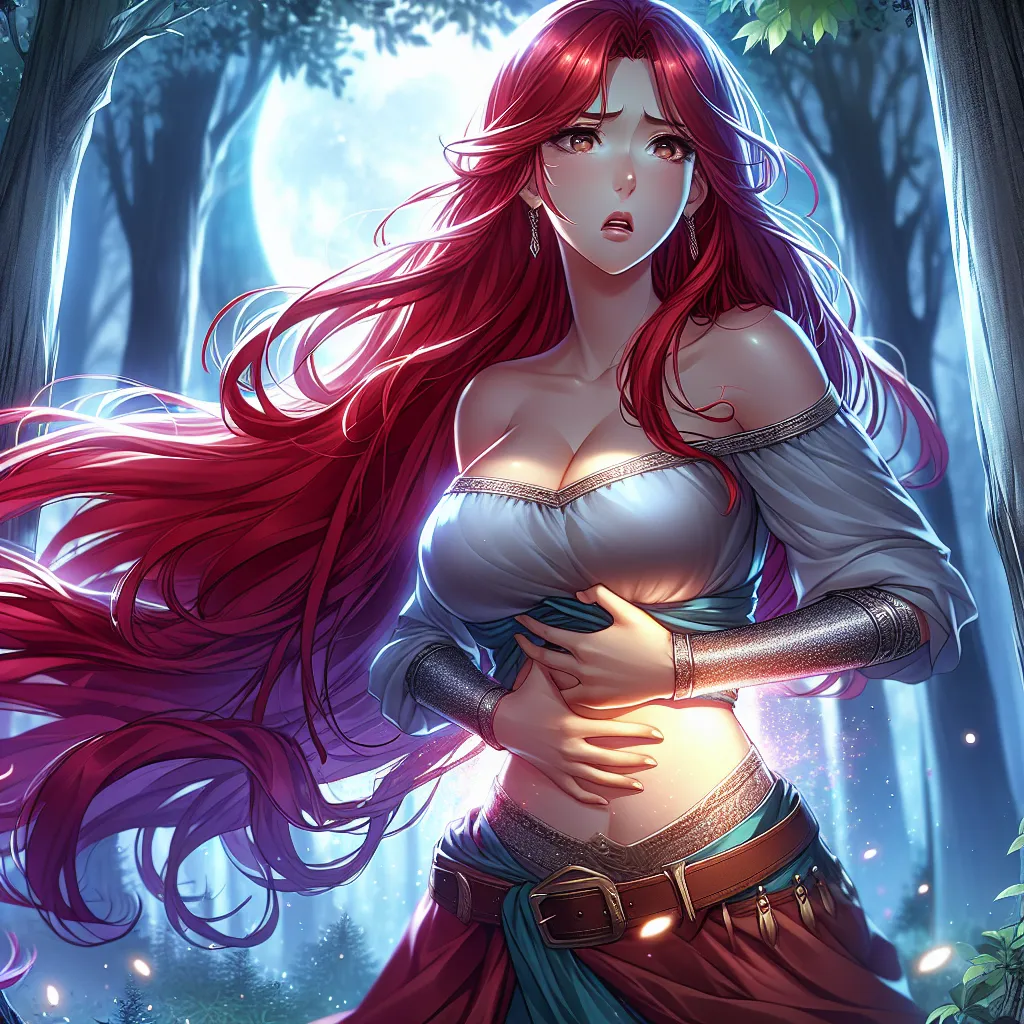 The image accompanying this story could be of a young woman standing alone in a mystical forest, bathed in moonlight. She is depicted with long, flowing red hair, reminiscent of her mother's, and possesses an uncanny resemblance to Kushina Uzumaki. The woman's expression is one of confusion and distress as she clutches her abdomen, capturing the moment of her transformation from a young man named Naruto into Naruko Uzumaki, a powerful Kunoichi.