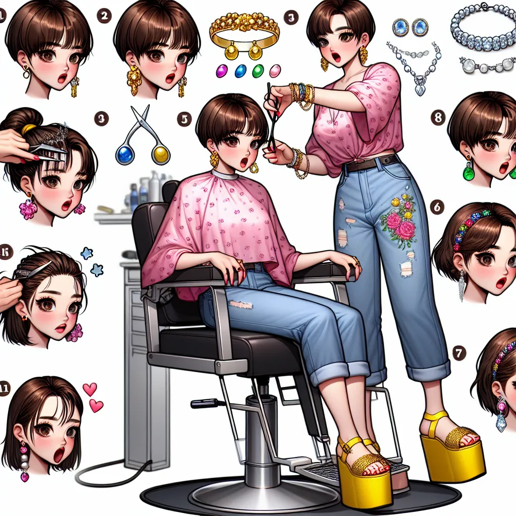 In the image, a Korean woman named Mrs. Kim, the barber, is seen cutting the hair of a young boy named Tommy. Mrs. Kim is wearing a pink, flowy blouse with tiny flowers, blue denim shorts with little pockets, and bright yellow platform sandals with shiny beads. Her hair is in a pixie cut, and she has dark brown eyes. She is also wearing seven pieces of jewelry, including a wedding ring, gold necklace, silver bracelet, diamond earrings, pearl anklet, ruby brooch, and an emerald pendant. Mrs. Kim 