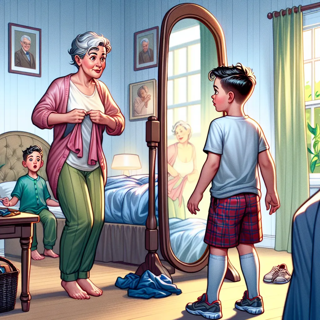 A touching and transformative story about a young boy named Johnny who, through a mysterious encounter at a store, swaps bodies with a mother named Julie. As Johnny navigates his new life as Emily's mom, he learns to embrace his new responsibilities and finds a sense of belonging and acceptance. This image could capture the moment of realization as Johnny sees his new reflection in the mirror, with a mix of curiosity, surprise, and a touch of apprehension.