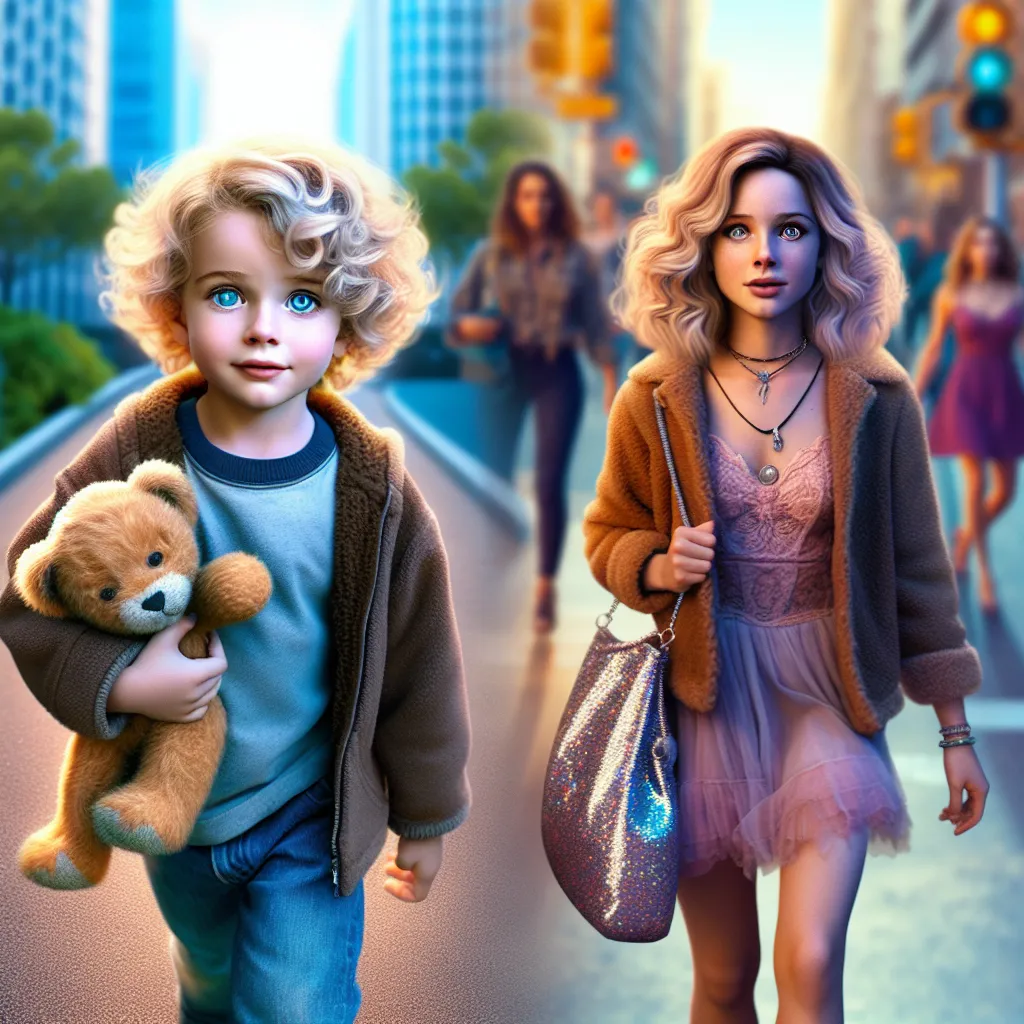 This image depicts a young child, Bobby, with bright blue eyes and curly blonde hair, walking alone on a familiar path. He is clutching his favorite stuffed animal and feels a sense of adventure and confidence. In another state, a woman named Veronica Mitchell walks down a busy street, dressed in a skimpy outfit and carrying a glittery purse. As Bobby continues his walk, his spirit is suddenly drawn to Veronica in California. Confused and disoriented, Bobby finds himself in Veronica's body, unab