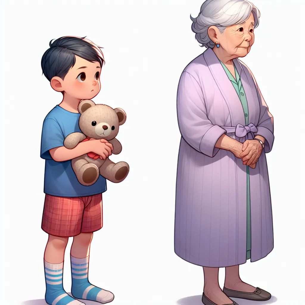 A 6-year-old boy named Timmy wears a blue shirt and red shorts, holds his stuffed animal tightly, and gazes around his grandma's room. His grandma, Helen, wears a pale lavender satin nightgown and platform sandals. The image shows Timmy and Helen in their respective outfits, capturing the confusion and introspection they experience.