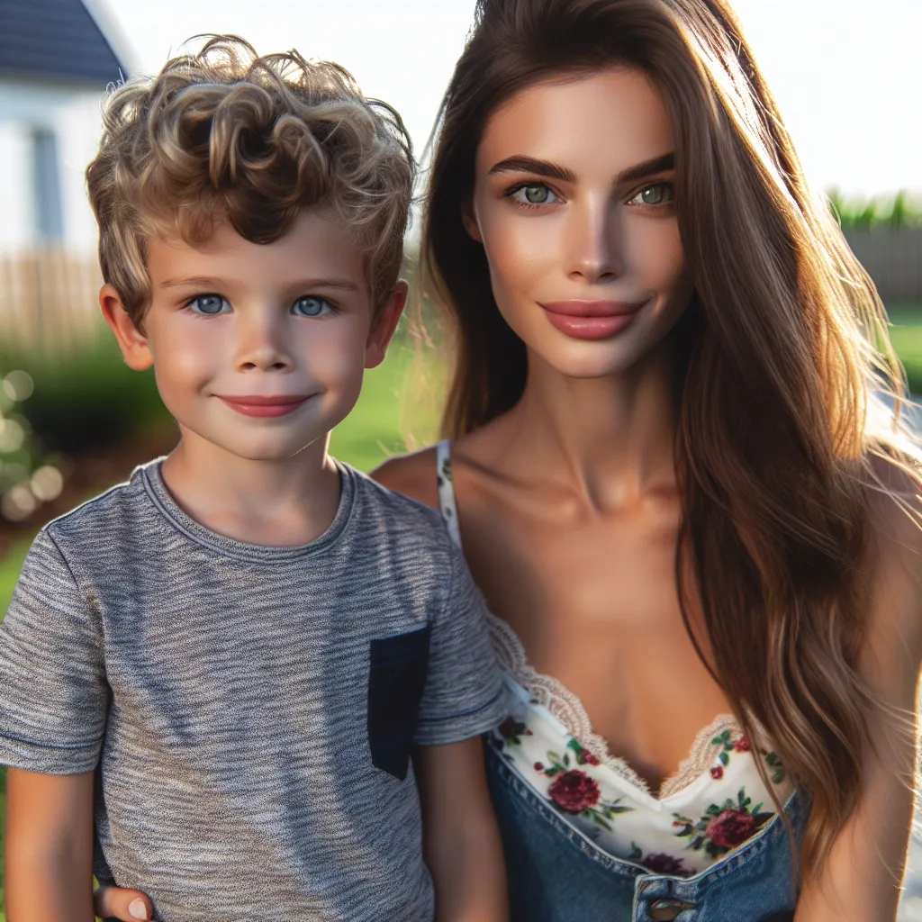 An image of a 5-year-old boy named Benjamin and his mother, Jennifer, standing outside on a sunny day. Benjamin has short, curly blonde hair and blue eyes. He is wearing a t-shirt and shorts, while Jennifer is wearing a floral tank top and denim shorts. She has long, straight brown hair and green eyes. Both of them are smiling.