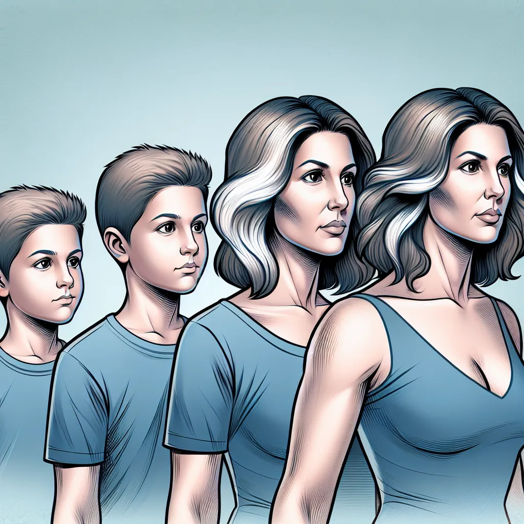 A depiction of a young boy named Tommy transforming into a middle-aged woman named Rebecca, showcasing his gradual physical and mental changes, leading to Rebecca asserting herself as a confident and outspoken individual.