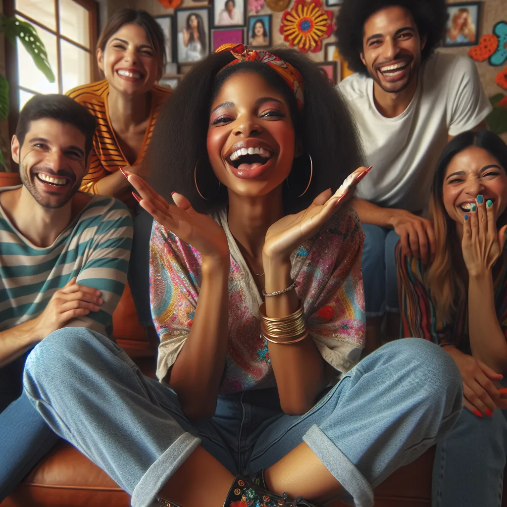 A video call shows a transformed friend, Nick, now Hailey, after encountering the Mad Swapper. Hailey, confident and playful, is embraced by her friends who have no recollection of Nick. The image captures Hailey's carefree expression as she laughs and blows a teasing kiss at the camera, embodying her new identity without a hint of concern.