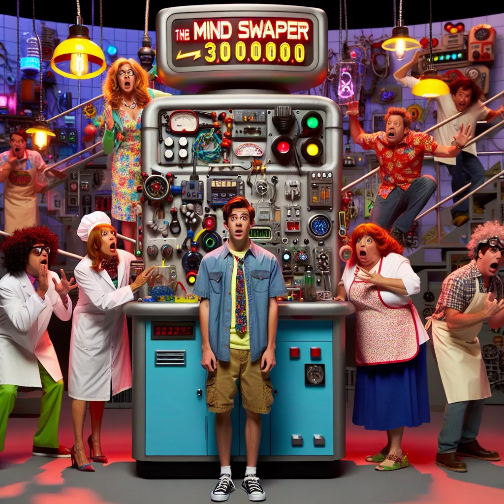 A humorous and chaotic scene unfolds as college sophomore Adam discovers that his mom and mad scientist neighbor have swapped bodies using The Mind Swapper 3000, leading to a series of outrageous antics and mistaken identities.