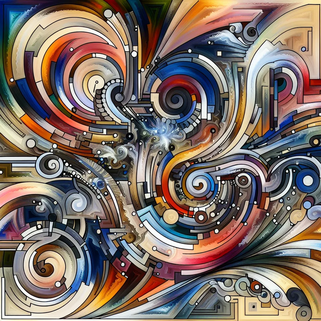 An abstract image depicting various shapes and colors merging and flowing together, creating a sense of movement and complexity.