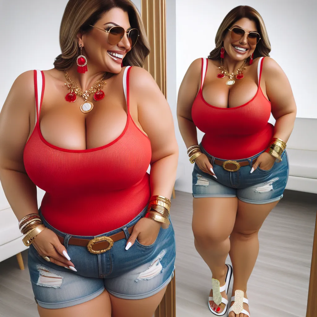 A happy, chubby woman named Lucia in her mid-thirties is dressed in a red tank top, denim shorts, and white flip flops with gold accents. She is wearing sunglasses and is adorned with six pieces of jewelry. She is standing confidently in front of a mirror, smiling at her reflection.