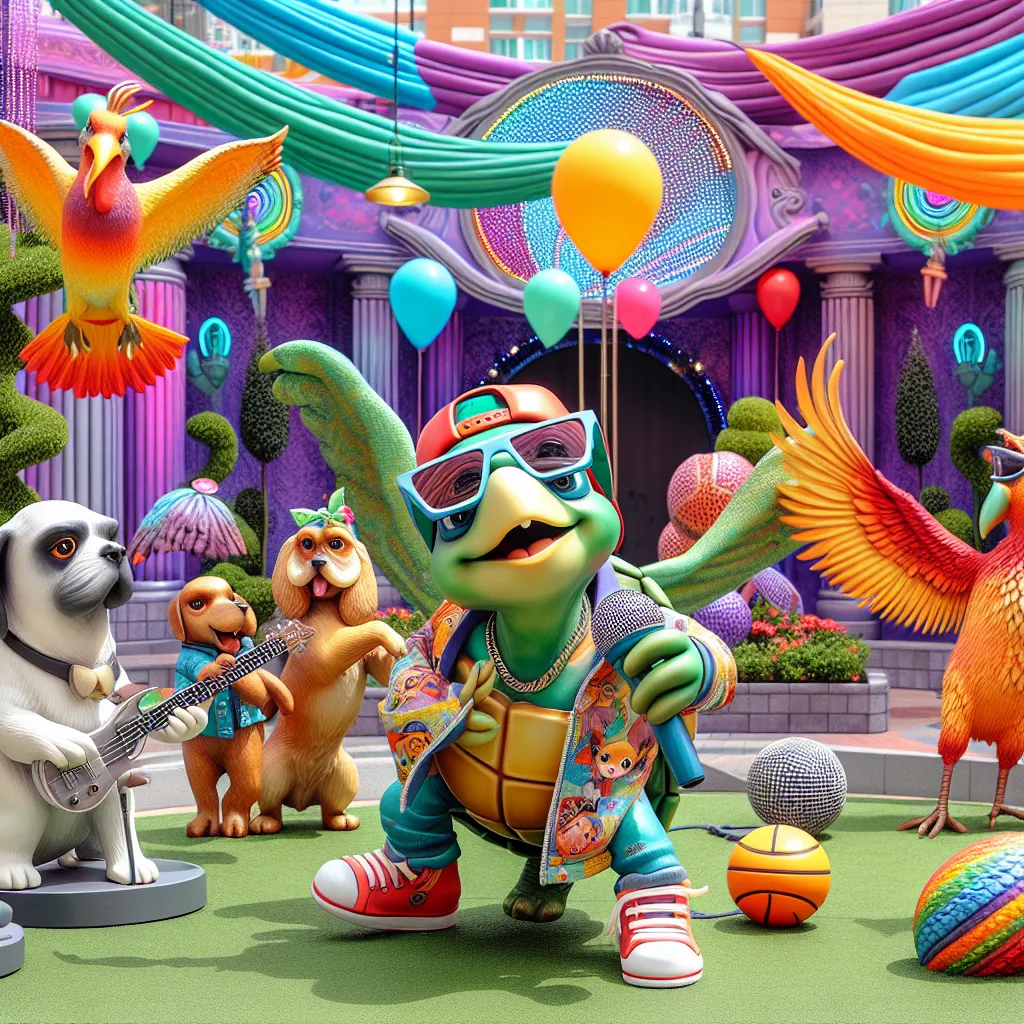 The image accompanying this story depicts a colorful and whimsical scene from the animated episode "Spotlight Swap!" from **Littlest Pet Shop: A World of Our Own**. The image showcases quirky pets in swapped bodies, including a turtle rapping, a dog with wings, and a bird attempting dog mannerisms. The lively Paw-Tucket square serves as the backdrop, capturing the essence of the show's humor and dynamic pet interactions.