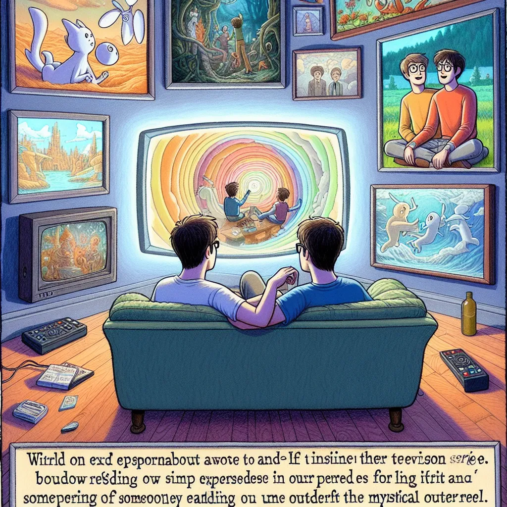 A person named Gilbert and their friend Chelsea sit on a couch, discussing the strange experience they had of being trapped inside a television. They debate whether to go on another adventure, but Gilbert feels hesitant about leaving the comfort of their apartment. Chelsea suggests watching episodes of the anime show "Fairy Tail" to help Gilbert become more familiar with the outside world. As they watch, Gilbert contemplates the wonders that await beyond their door and television. Suddenly, ther