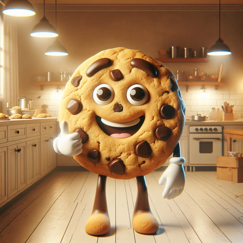A golden-brown, living cookie with chocolate chip eyes and a radiant smile stands in a cozy kitchen, surrounded by the sweet aroma of freshly baked cookies.