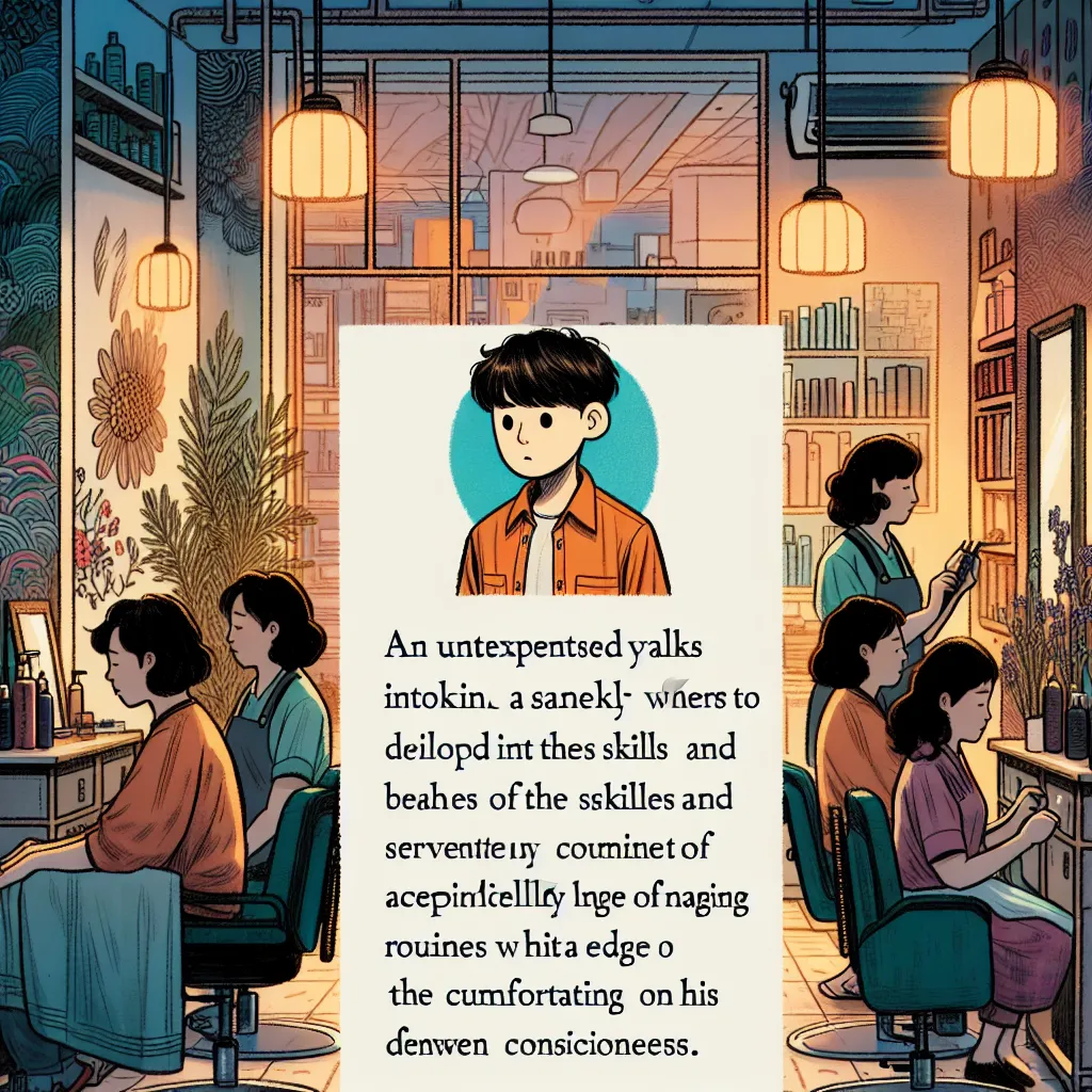 A young boy named Jake nervously enters a salon run by five Korean women. Mrs. Kim swaps bodies with him, erases his memories, and assimilates him into her life. Jake, now Mrs. Kim, embraces her new identity as a longtime stylist with a deep connection to Korean culture. Familiar routines bring comfort until a quiet unease prompts her to remember a haunting tale from her youth. As Mrs. Kim settles into her evening, the day’s oddities blend into the warmth of her present reality, marking the begi