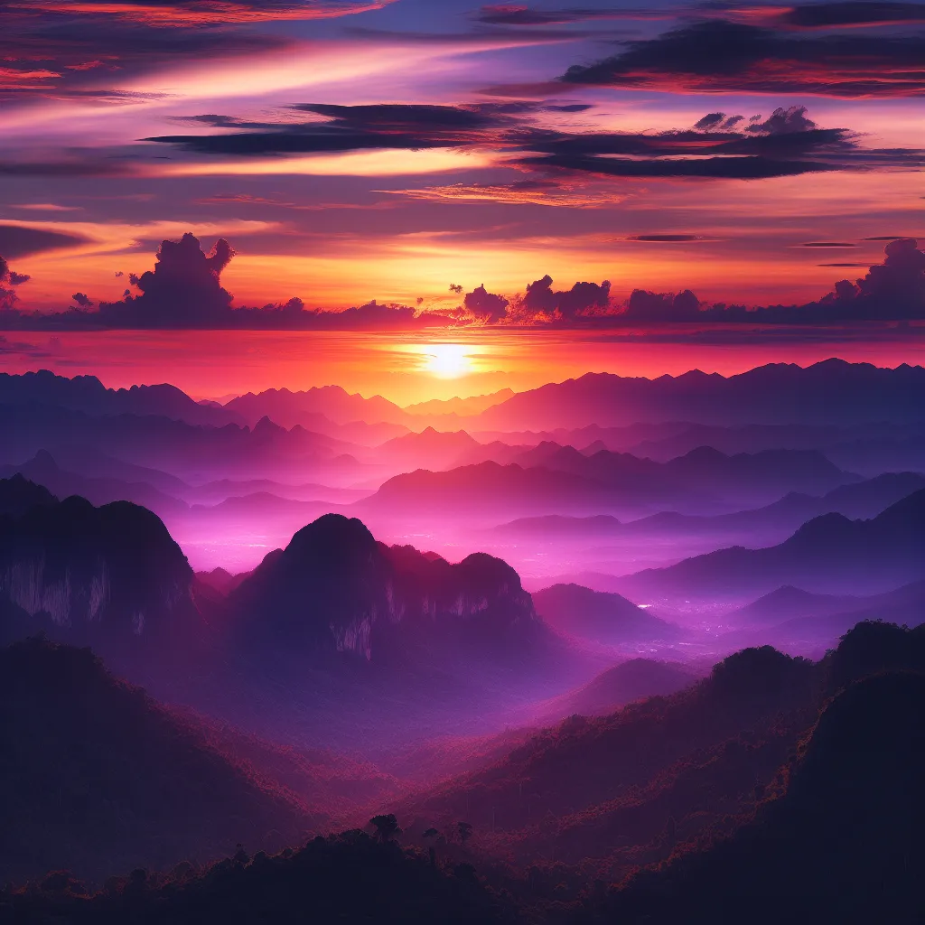 A breathtaking sunset paints the sky in vivid hues of orange and purple, casting a beautiful glow over a serene mountain landscape.