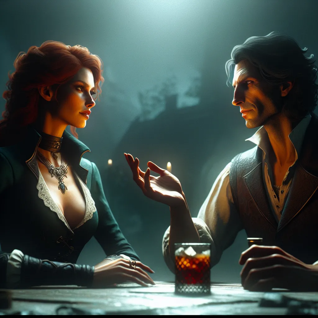 In the shadowy depths of The Velvet Sigil, Celia and the enigmatic vampire Andraste share a moment of connection and understanding. With a mixture of rare whiskey and vampire's blood, they bridge the gap between their worlds in this mysterious tale.