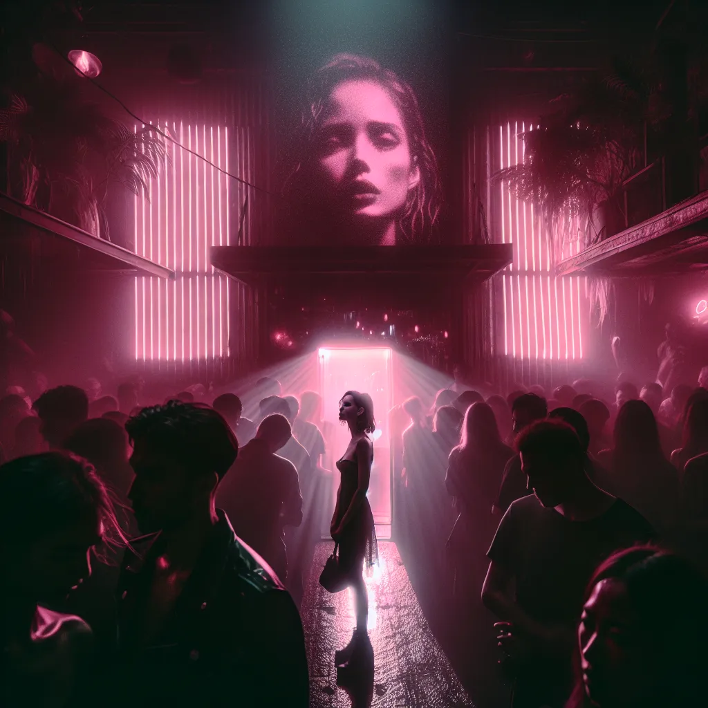 Description: A dimly lit nightclub filled with a pulsing crowd. The neon sign above the entrance flickers, casting a pink glow. In the center, a woman stands, surrounded by shadows, her face reflecting a mix of grief and determination.