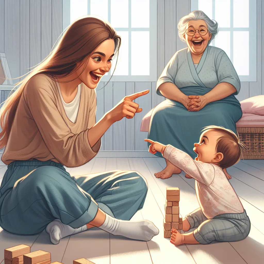 The image accompanying this story is a humorous illustration depicting Ana, a young woman wearing an oversized diaper, crawling on the floor and attempting to stack wooden blocks while her mother-in-law, Roxana, watches with amusement. The room is filled with laughter, as Ana's one-year-old daughter, Badry, points at her and gleefully exclaims, "Mamá Ana, popó!"