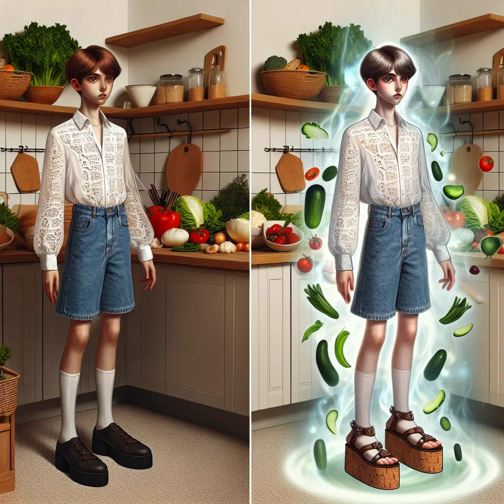 The image to accompany this story should depict a young boy named Ethan standing in a kitchen surrounded by ingredients for a salad, with an aura of magical transformation lingering around him. The boy should be wearing Sharon Dempsey's outfit: a fitted white eyelet blouse, high-waisted denim shorts, and cork platform sandals. Ethan's appearance should be gradually morphing into Sharon's, with his hair changing from chestnut brown to platinum blonde, and his features transforming to match Sharon