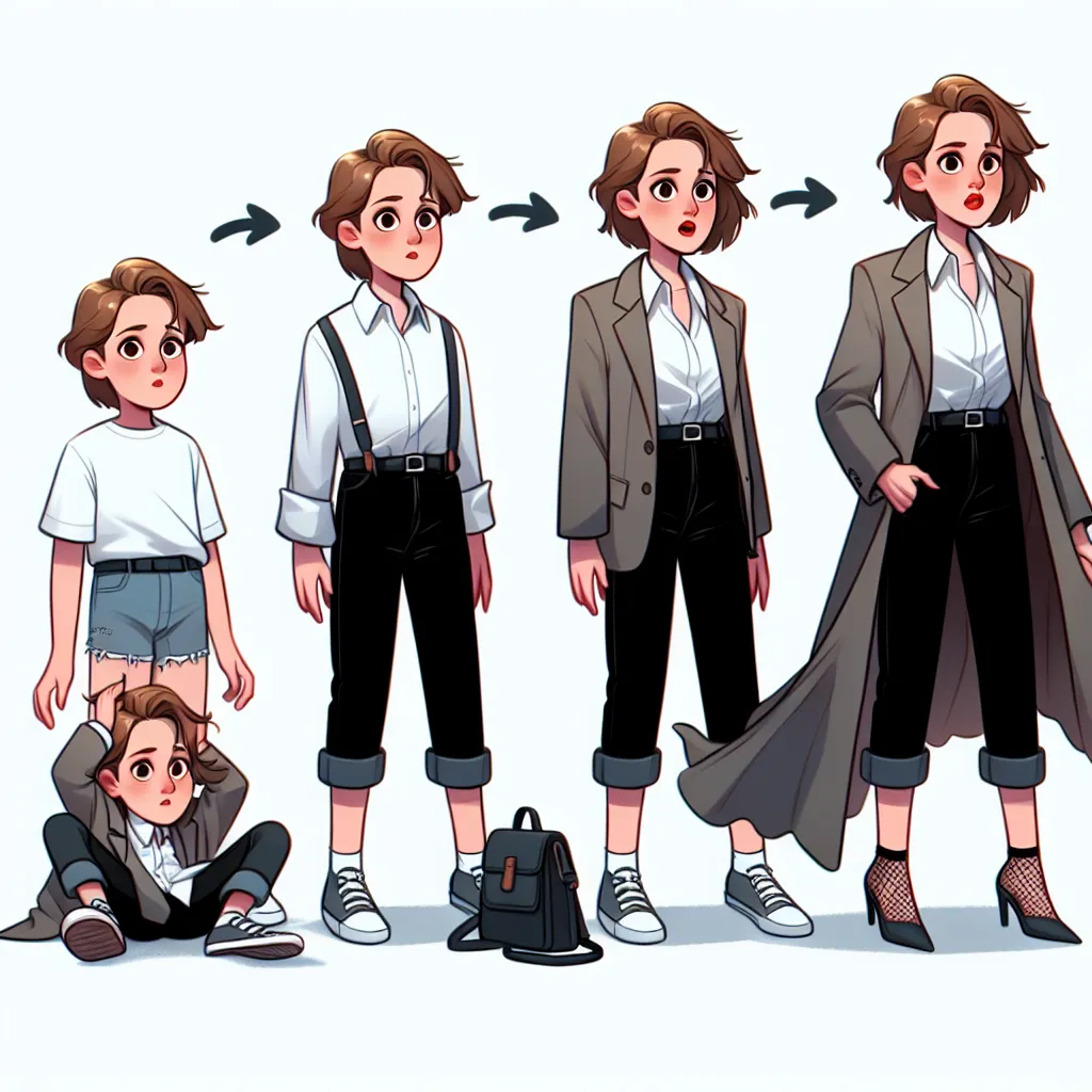 A gender transformation occurs to a young boy named Timothy, turning him into an adult woman named Rosie O'Donnell. Rosie is shown wearing a casual yet stylish outfit, complete with a blazer, black trousers, a loose blouse, and accessories. She is shown with a surprised and confused expression, questioning her existence.