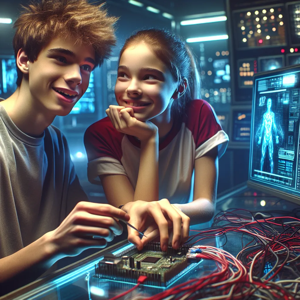 A teenage boy, Ethan, seeks revenge on his prankster friend, Jake, by using an experimental microchip to switch their bodies. The image accompanying the story could depict two best friends, one in a boy's body and the other in a girl's body, laughing and sharing a secret moment while surrounded by a lab setting filled with computer monitors, wires, and futuristic technology.