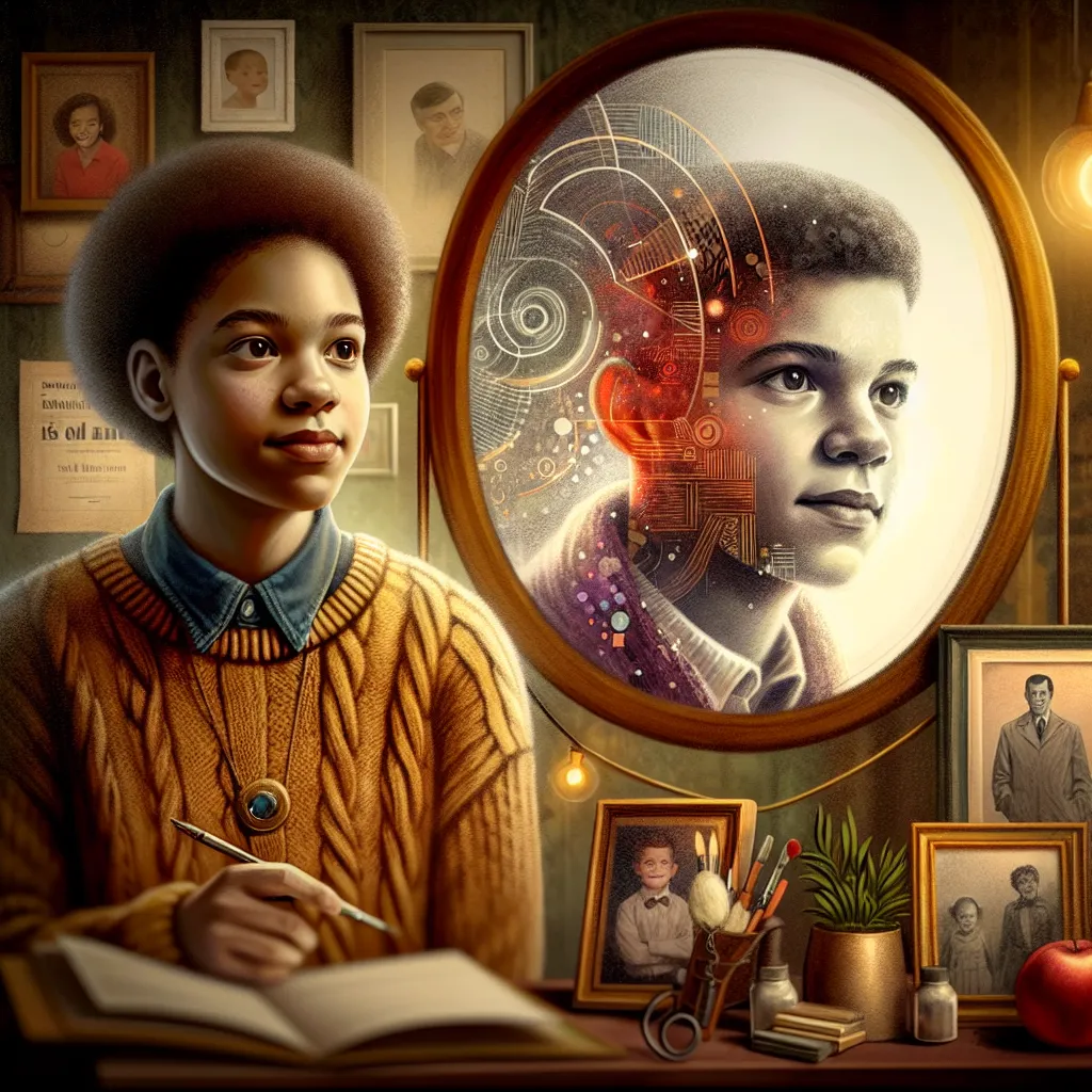This story follows the transformation of young Oliver into Jessica, including the mysterious disappearance of Oliver and the ensuing life as Jessica, caring for Oliver's family. The image could show the poignant moment when Oliver, now Jessica, sees herself reflected as a teenage girl in the mirror, with a fleeting glimpse of a child's face beneath the surface.