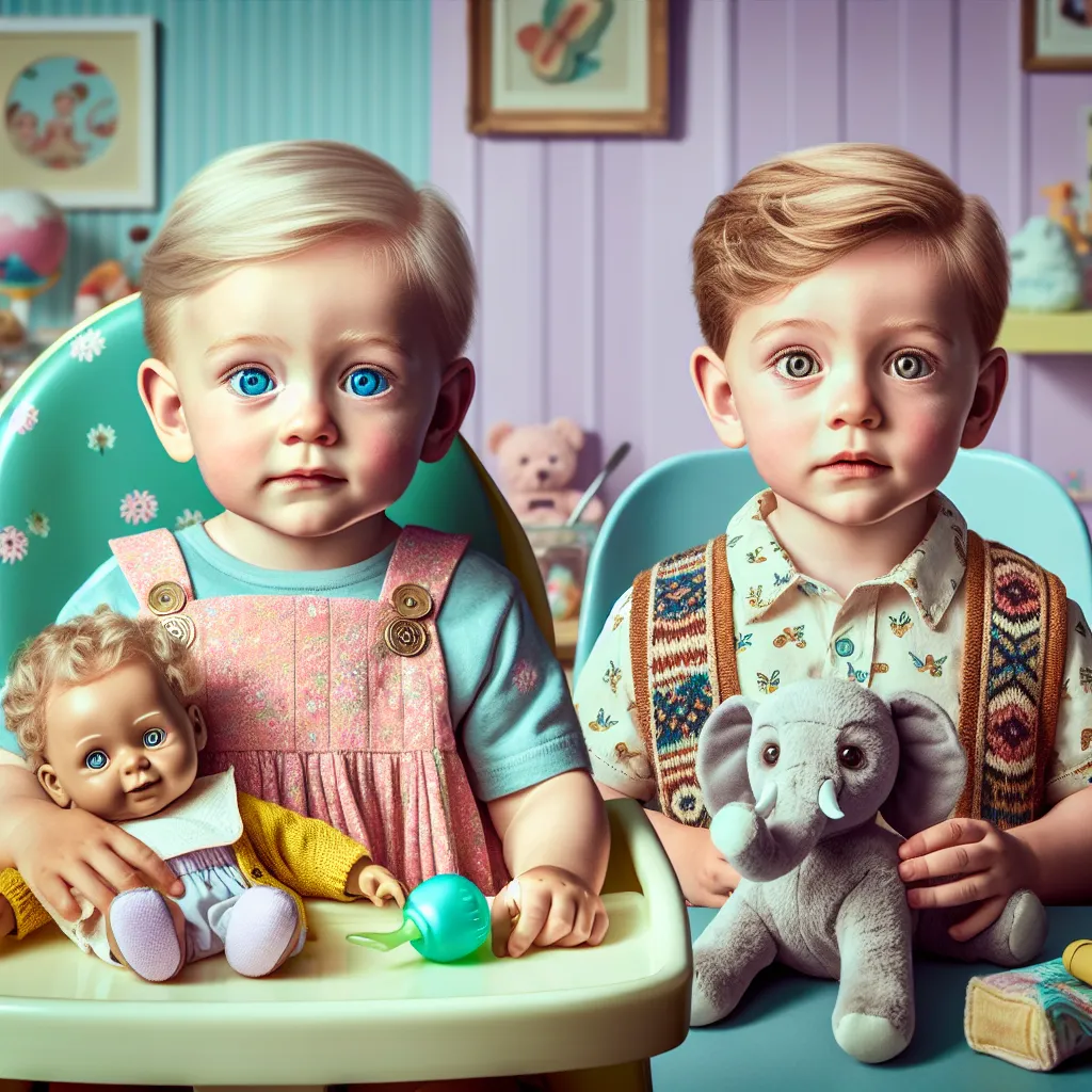 An image of a young toddler, Oliver, with bright blue eyes and ash-blond hair, sitting in a booster seat wearing a pastel-pink sundress, holding a baby doll. Beside him, his cousin Emma, now in Oliver's body, sits stunned, clutching a plush elephant toy. The room is decorated in pastel hues, with playful toys scattered around.