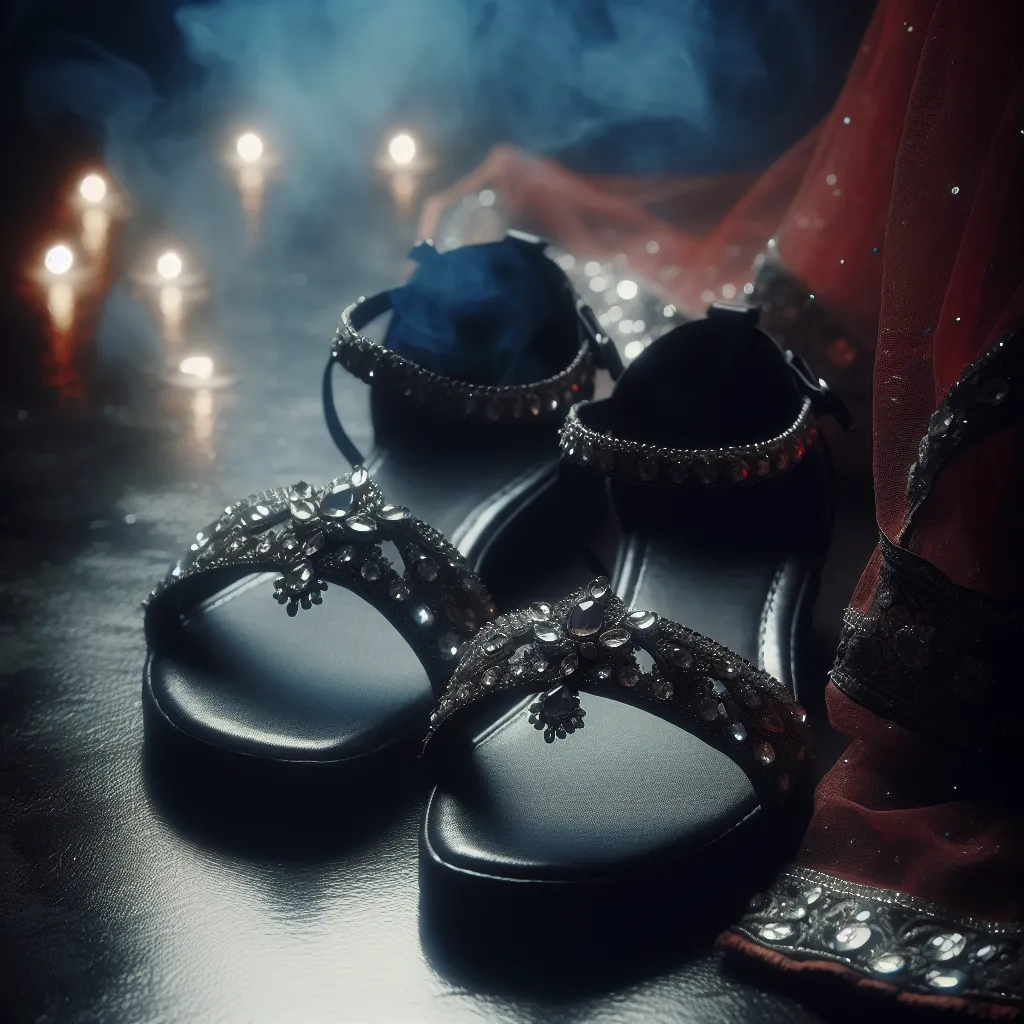 A haunting image of a pair of shimmering black sandals with thin straps adorned with fake diamonds. The sandals exude a malevolent energy, signifying the dark magic that transformed a young boy into his obsessed stalker.