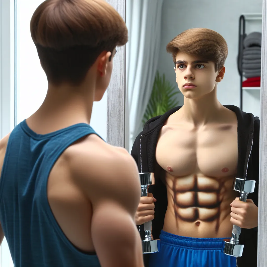 An image of a teenage boy, standing in front of a mirror, his own youthful face reflecting in the glass while his body has transformed into a muscular adult physique. He is awe-struck, marveling at his newfound strength and grappling with the unfamiliarity of controlling this body.