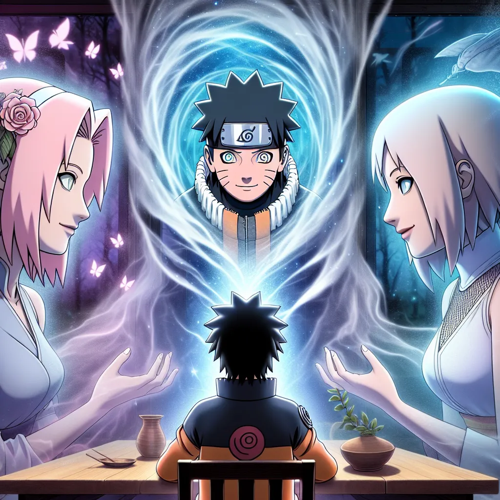 An entranced Naruto undergoes a magical gender transformation at the Konoha Hot Springs, evolving into the enigmatic Naruko under the watchful gaze of Sakura and Ino.