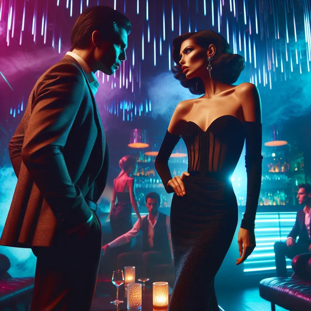 A mysterious woman confronts a stranger in a shadowy, upscale club. Their tense interaction is filled with fury and charged with unexpected attraction, against a backdrop of neon lights and pulsing music.