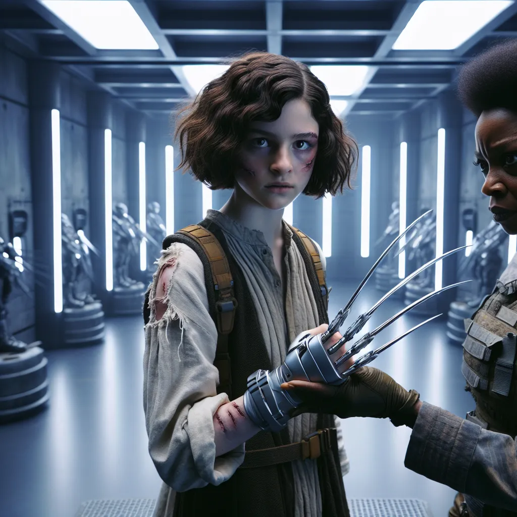 A young teenage mutant girl with pale skin and retractable silver claws extended from her fingertips stands bruised and defiant inside a cold, gray, steel-walled training room. Behind her, a tall, stern woman with ice-cold eyes and a harsh expression looms, gripping the girl's wrist. The harsh fluorescent lighting casts sharp shadows on rows of gleaming weapons and rubber mats scattered around. The atmosphere is tense and oppressive, hinting at brutal training and silent resistance.
