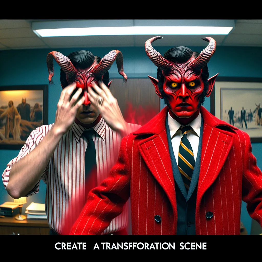 The image accompanying this story is a depiction of Alastor, the Radio Demon, undergoing a transformation from his demonic form to that of an ordinary human. He is shown sitting in his office, surrounded by an eerie atmosphere and wearing his red pinstripe coat. The image captures the moment of intense pain and struggle as Alastor's physical appearance, including his eyes, height, and muscularity, changes, ultimately becoming that of an average human.